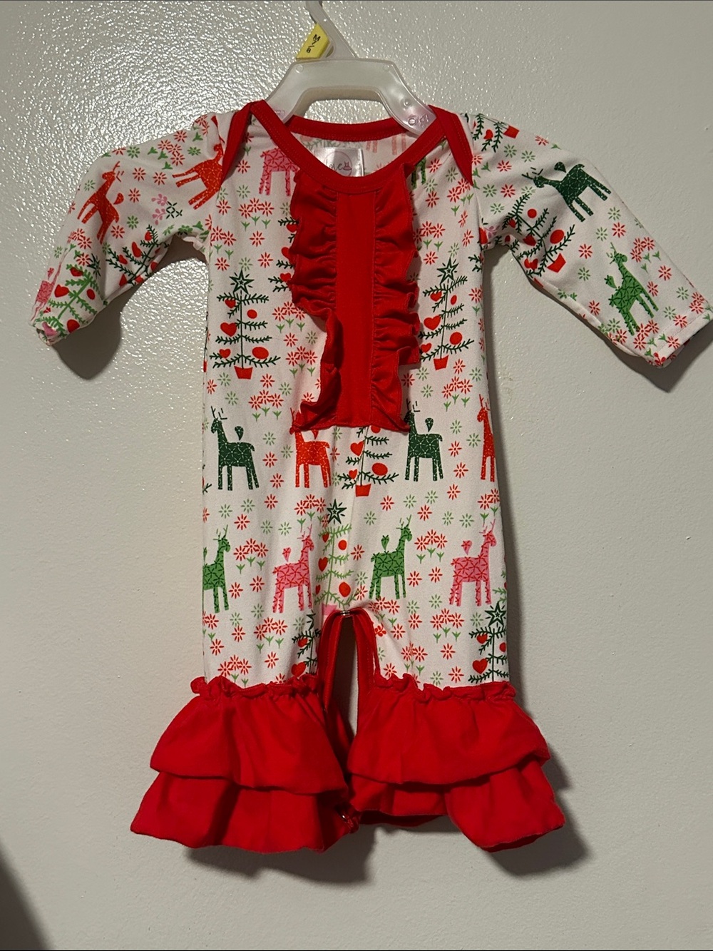 Love Red, Green & Pink Reindeer Ruffle Baby One-Piece